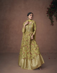 Lime Green Color Organza Trendy Gown