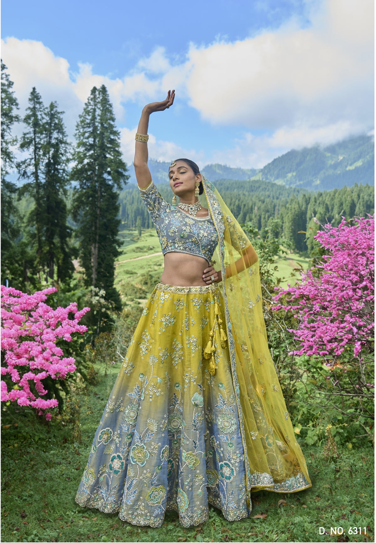 GRACEFUL GREY LEMON CIRCULAR LEHENGA SET IN TISSUE ZARI WITH SILK BLOUSE AND LEMON DUPATTA