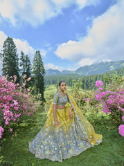 GRACEFUL GREY LEMON CIRCULAR LEHENGA SET IN TISSUE ZARI WITH SILK BLOUSE AND LEMON DUPATTA