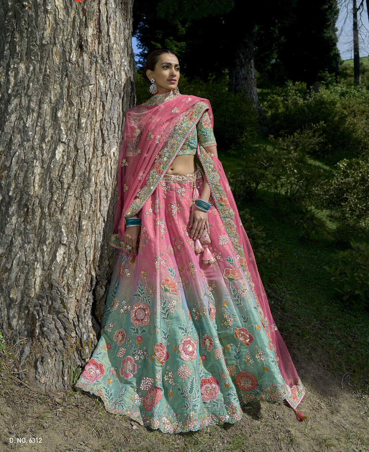 EXQUISITE PISTA GAJRI SHADING CIRCULAR LEHENGA SET IN TISSUE ZARI WITH SILK BLOUSE AND GAJRI NET DUPATTA