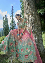 EXQUISITE PISTA GAJRI SHADING CIRCULAR LEHENGA SET IN TISSUE ZARI WITH SILK BLOUSE AND GAJRI NET DUPATTA