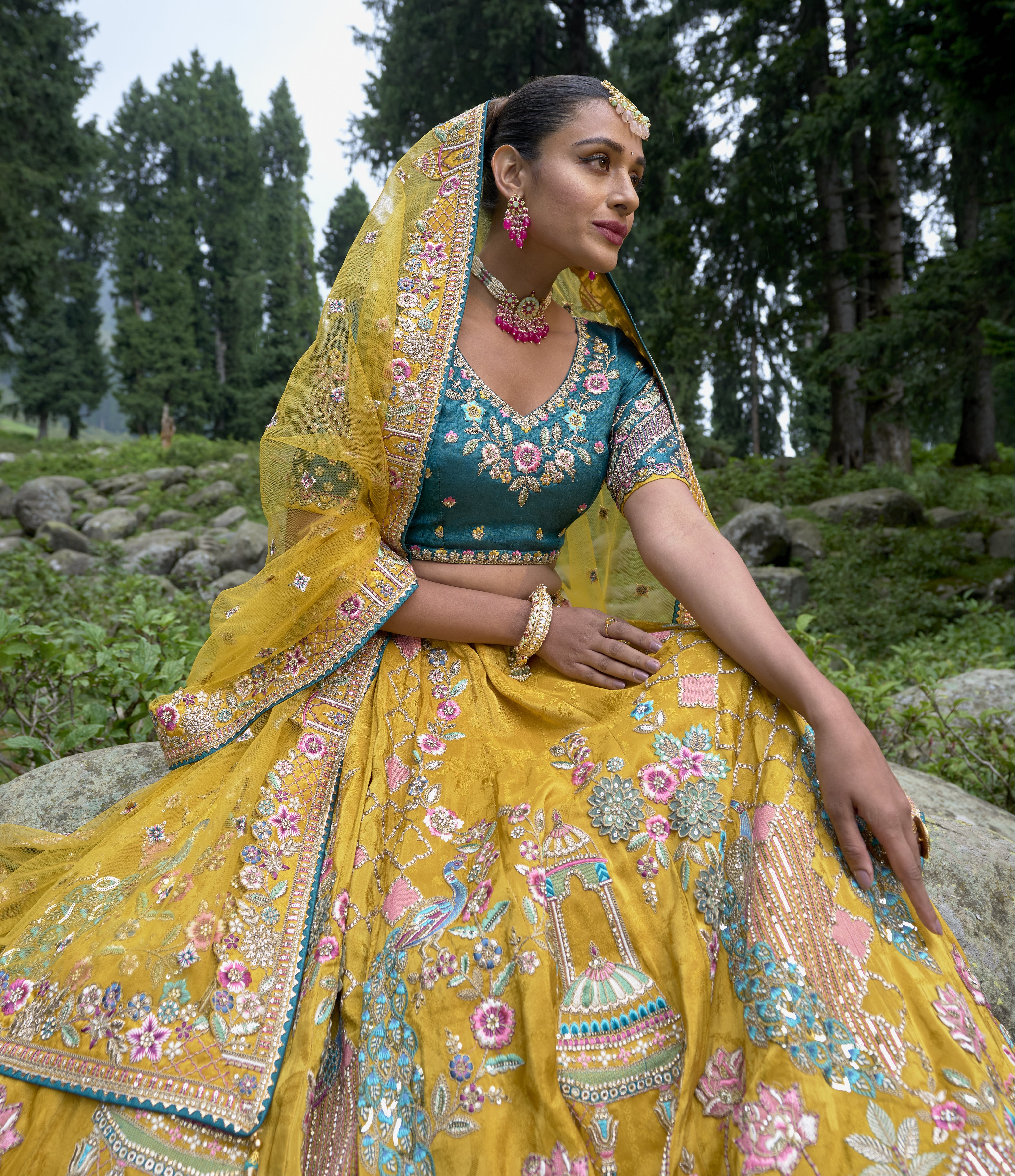 ELEGANT MUSTERED YELLOW CIRCULAR LEHENGA SET IN GUDWAL SELF PURE VISCOS WITH SILK BLOUSE AND RAMA NET DUPATTA