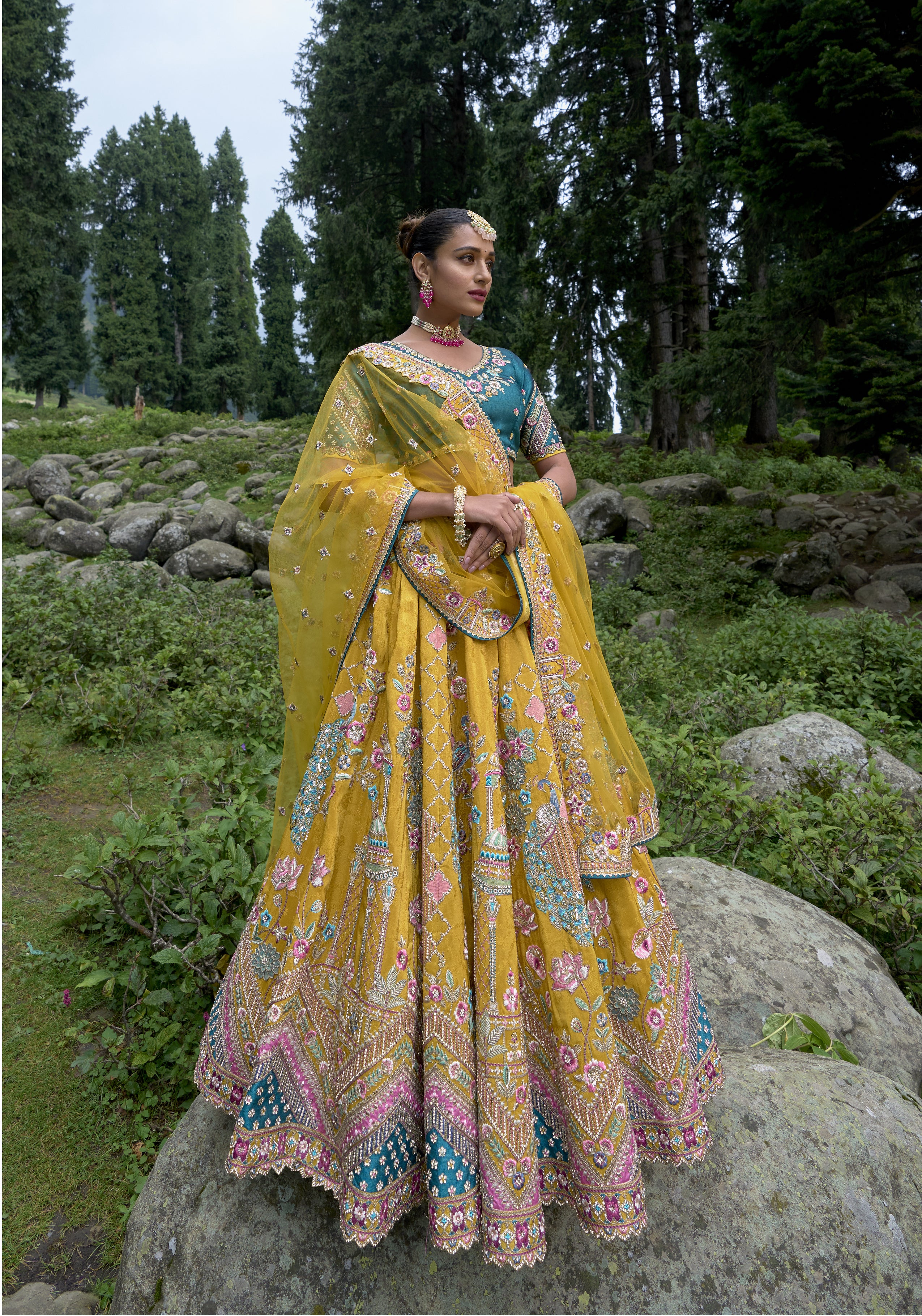 ELEGANT MUSTERED YELLOW CIRCULAR LEHENGA SET IN GUDWAL SELF PURE VISCOS WITH SILK BLOUSE AND RAMA NET DUPATTA