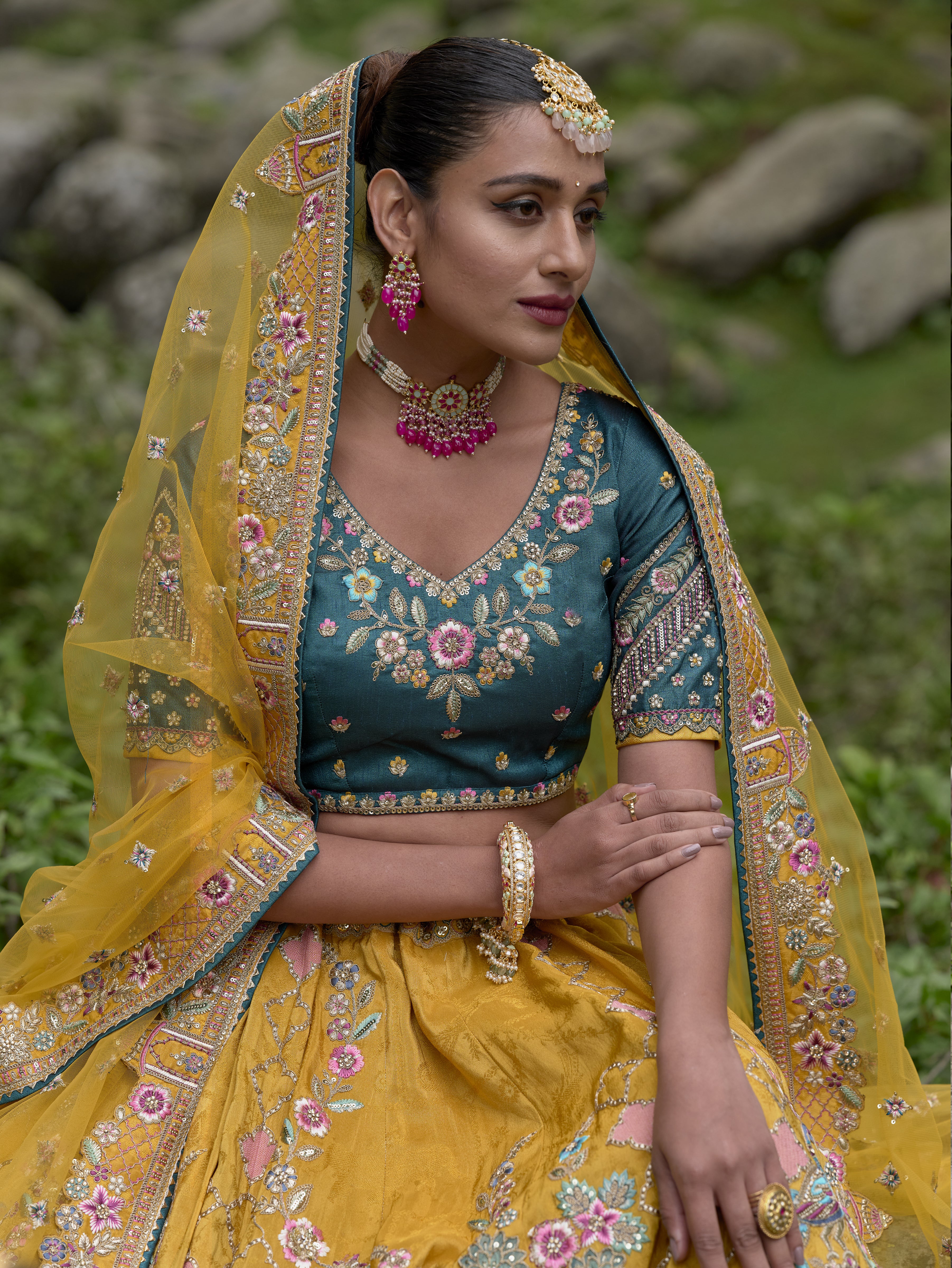 ELEGANT MUSTERED YELLOW CIRCULAR LEHENGA SET IN GUDWAL SELF PURE VISCOS WITH SILK BLOUSE AND RAMA NET DUPATTA