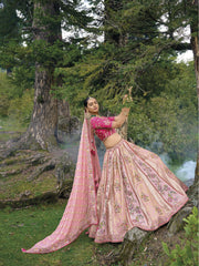 ELEGANT BABY PINK CIRCULAR LEHENGA SET IN PURE VISCOS WITH PINK BLOUSE AND ORGANZA DUPATTA