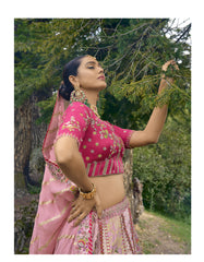 ELEGANT BABY PINK CIRCULAR LEHENGA SET IN PURE VISCOS WITH PINK BLOUSE AND ORGANZA DUPATTA