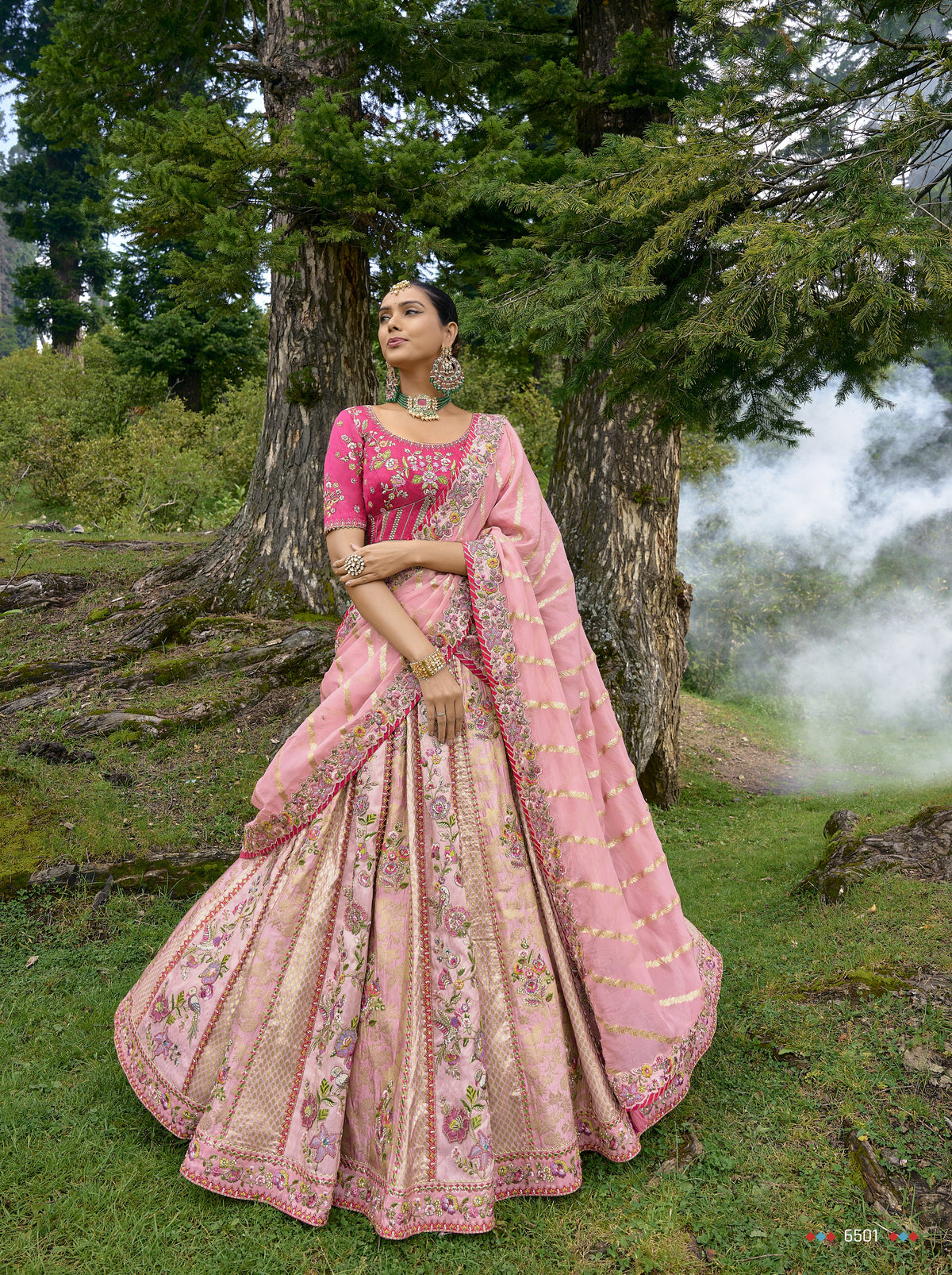 ELEGANT BABY PINK CIRCULAR LEHENGA SET IN PURE VISCOS WITH PINK BLOUSE AND ORGANZA DUPATTA