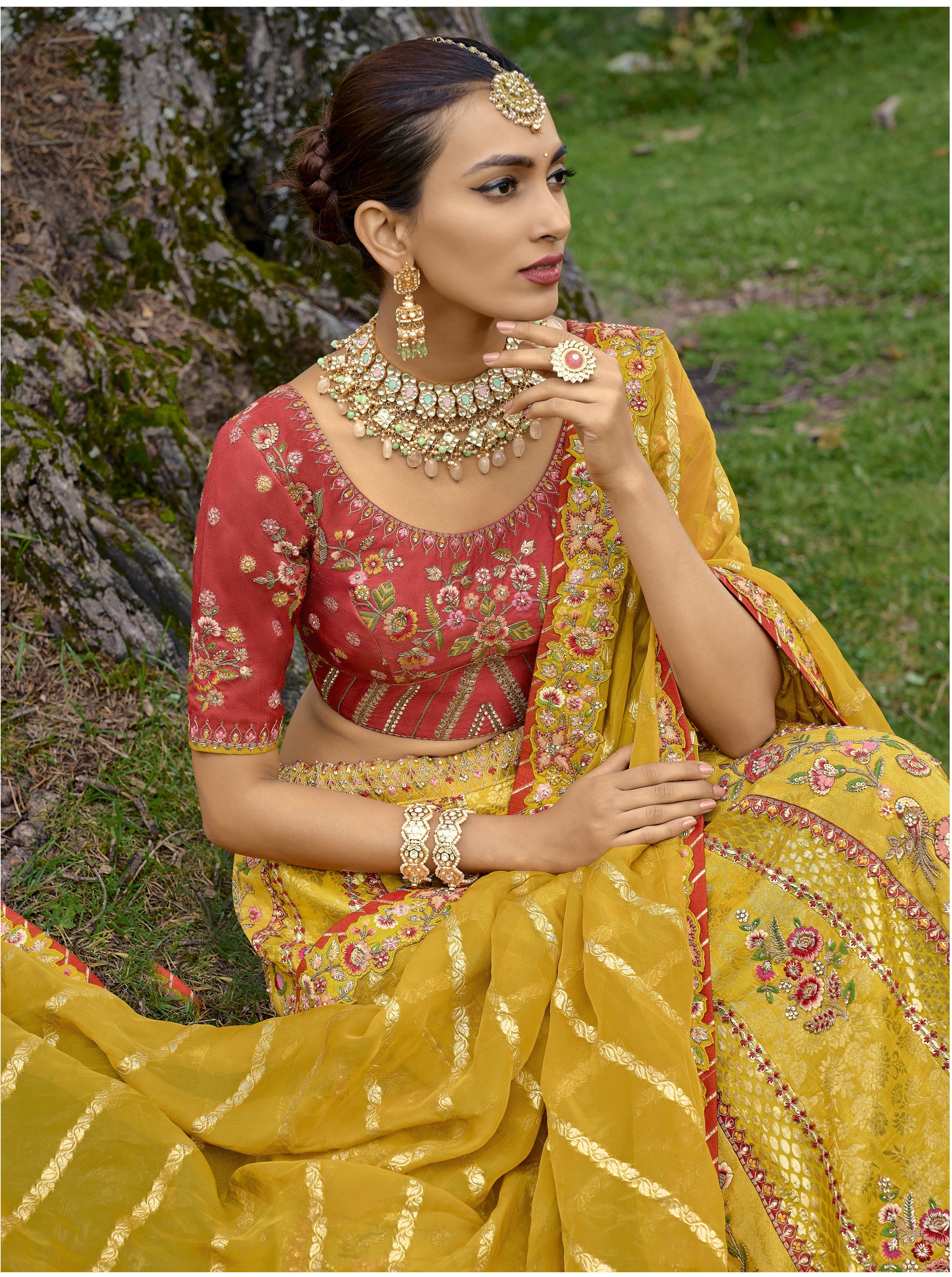 MAJESTIC MUSTERED CIRCULAR LEHENGA SET IN PURE VISCOS WITH ORGANZA BLOUSE AND DUPATTA