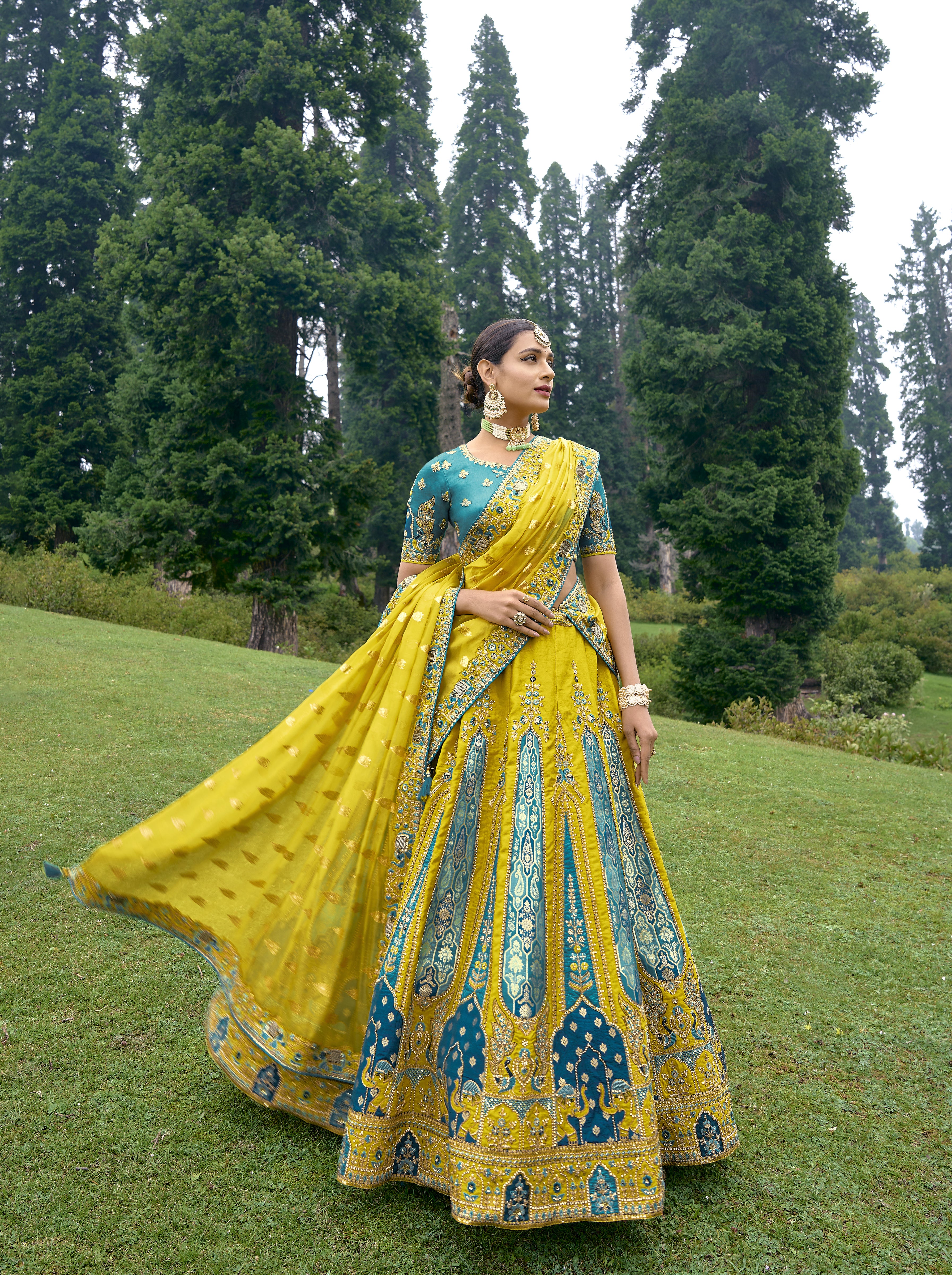 LIVELY LEMON CIRCULAR LEHENGA SET IN PURE WITH ORGANZA FIROZI BLOUSE AND LEMON DUPATTA