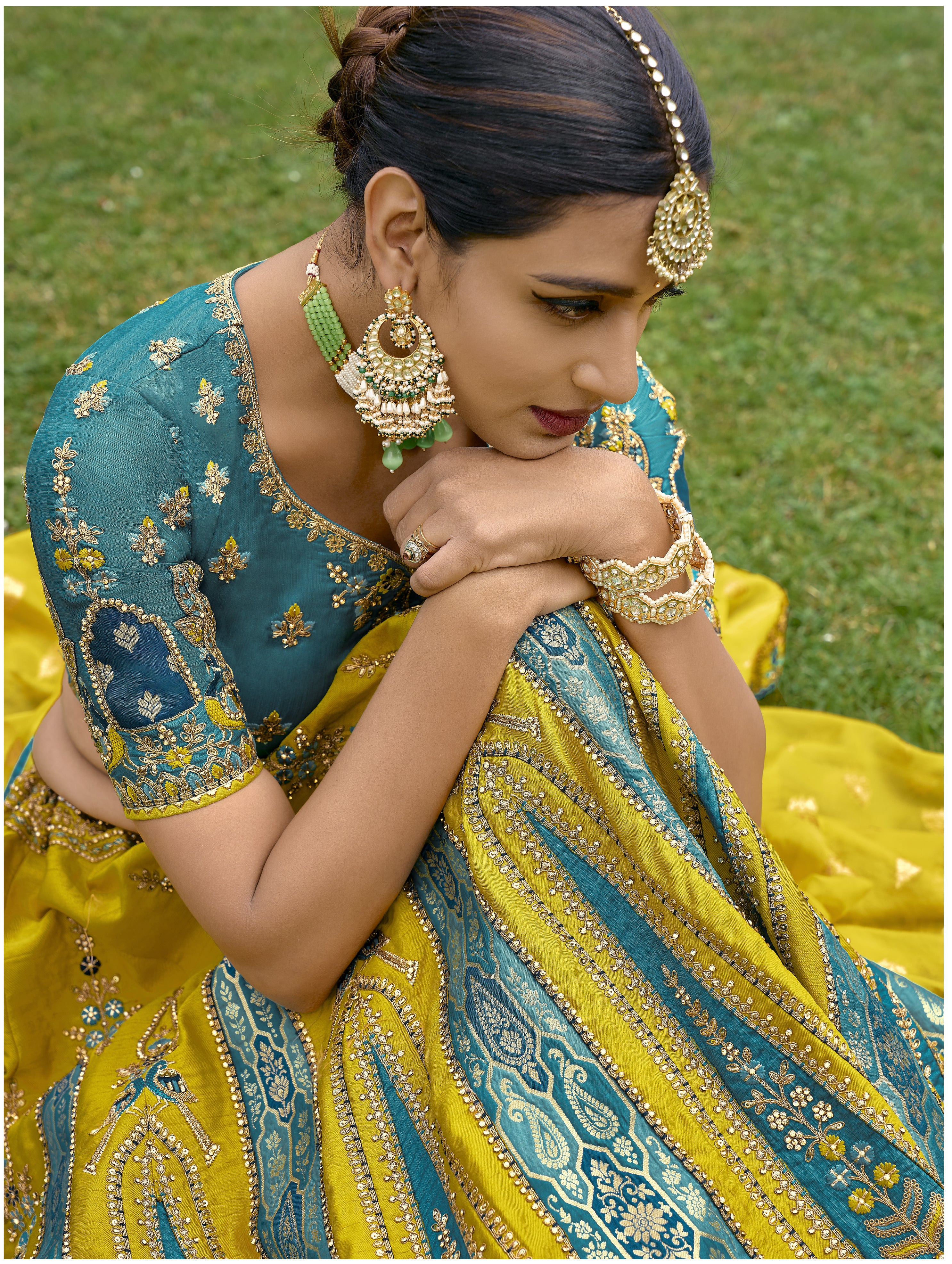 LIVELY LEMON CIRCULAR LEHENGA SET IN PURE WITH ORGANZA FIROZI BLOUSE AND LEMON DUPATTA