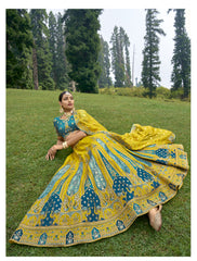 LIVELY LEMON CIRCULAR LEHENGA SET IN PURE WITH ORGANZA FIROZI BLOUSE AND LEMON DUPATTA