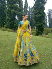 LIVELY LEMON CIRCULAR LEHENGA SET IN PURE WITH ORGANZA FIROZI BLOUSE AND LEMON DUPATTA