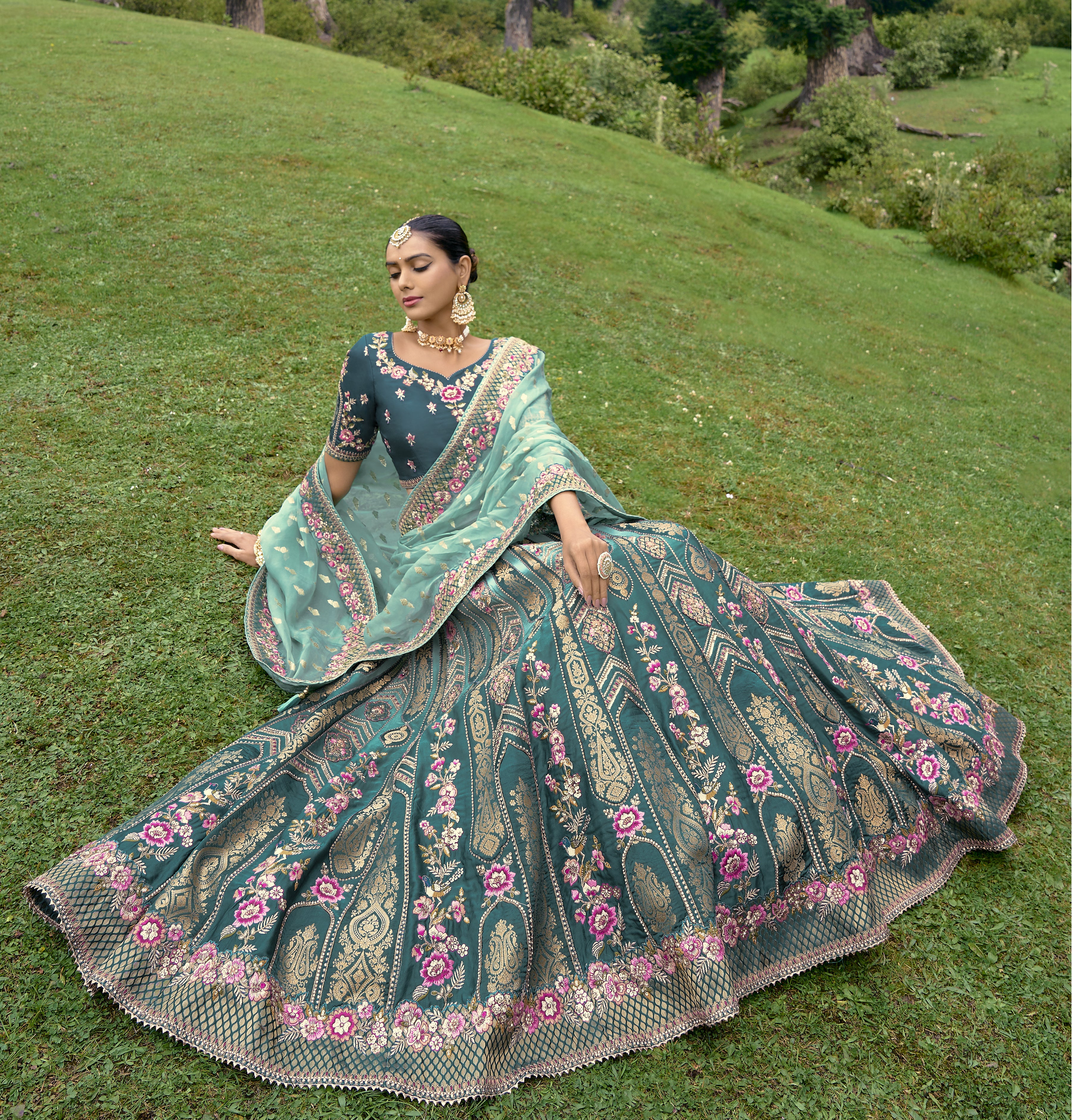 ELEGANT MORPICH SHADING CIRCULAR LEHENGA SET IN PURE SATIN WITH MORPICH BLOUSE AND FIROZI DUPATTA