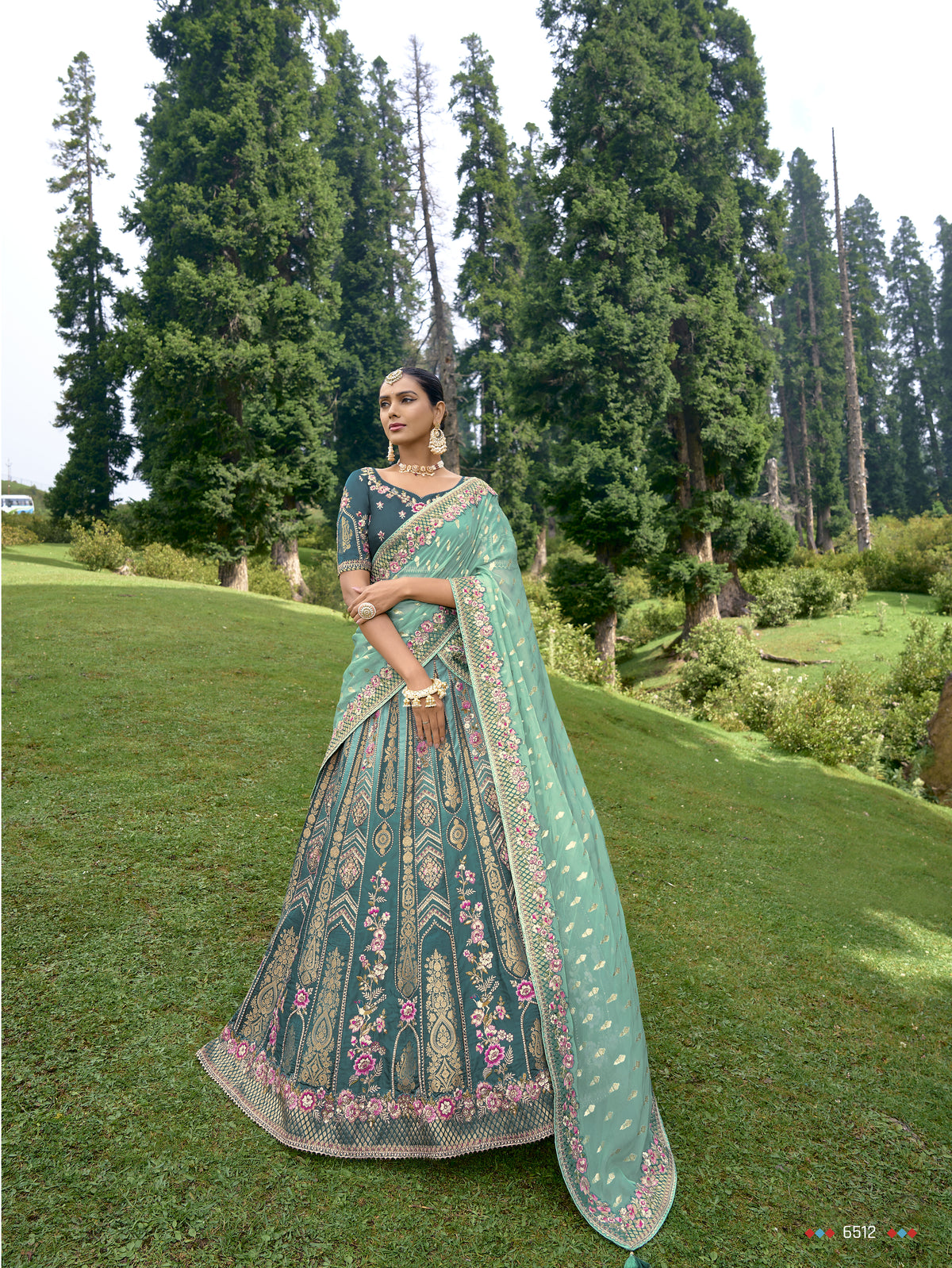 ELEGANT MORPICH SHADING CIRCULAR LEHENGA SET IN PURE SATIN WITH MORPICH BLOUSE AND FIROZI DUPATTA