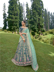 ELEGANT MORPICH SHADING CIRCULAR LEHENGA SET IN PURE SATIN WITH MORPICH BLOUSE AND FIROZI DUPATTA