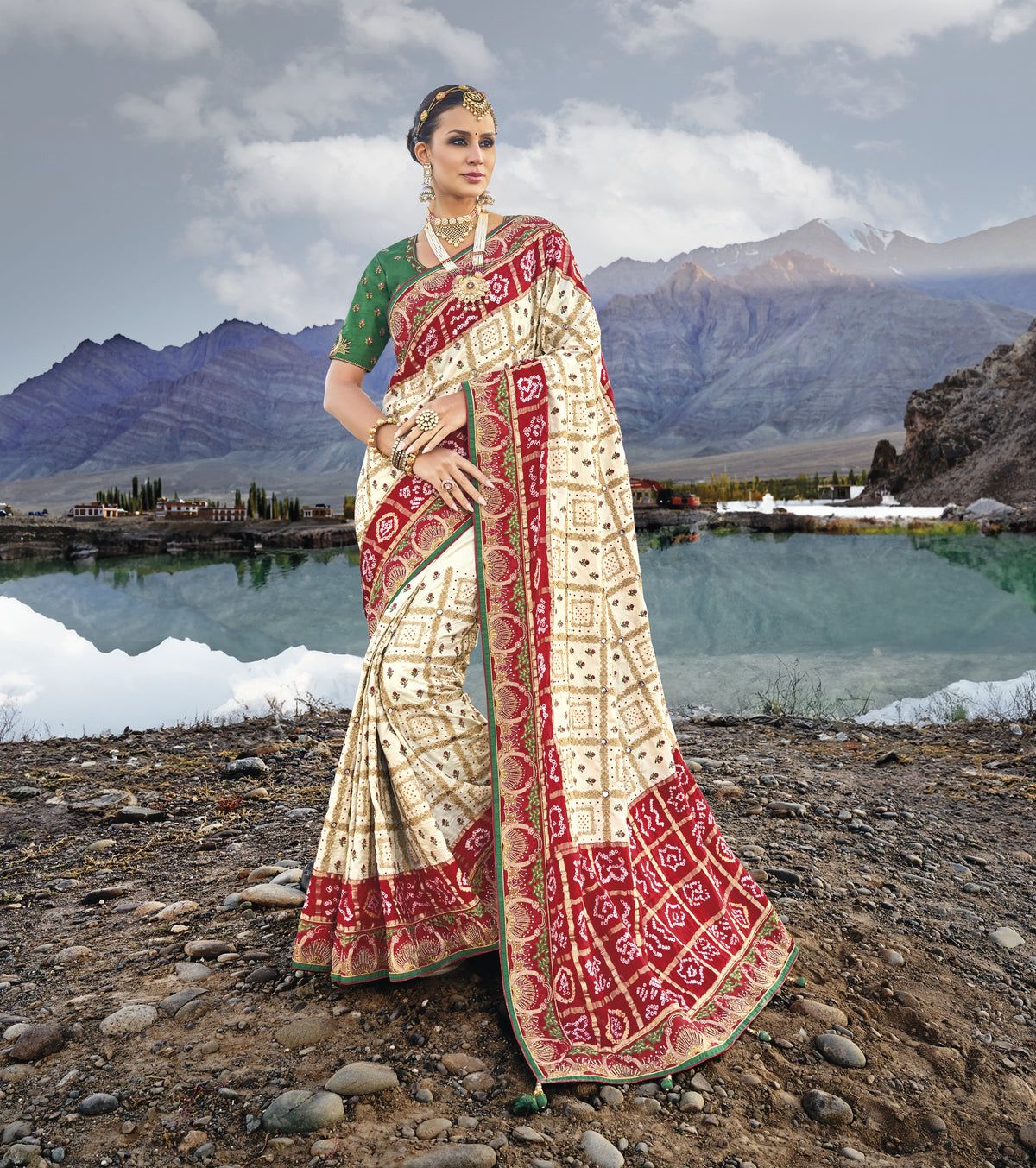 Cream Pure Gajji Bandhej Satin silk saree with heavy Original, Mirror, Moti & Cut Dana work