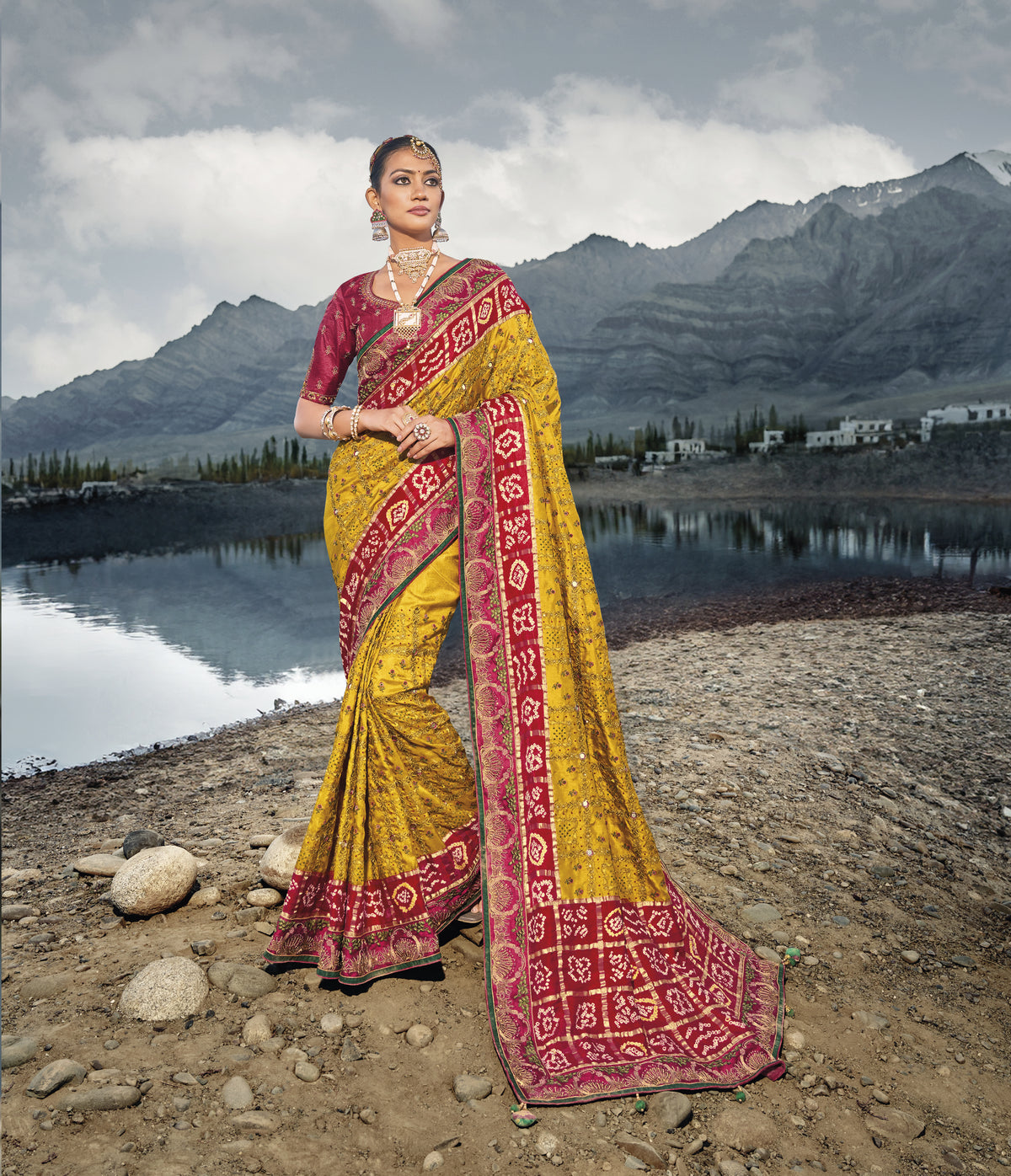 Mustard Pure Gajji Bandhej Satin Silk Saree With Heavy Original, Mirror, Moti & Cut Dana Work