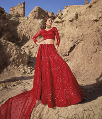 Beautiful Red Sequins Net Reception Wear Lehenga Choli With Dupatta