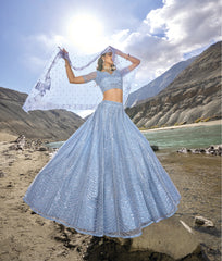 Stunning Sky-Blue Sequins Reception Wear Lehenga Choli With Dupatta