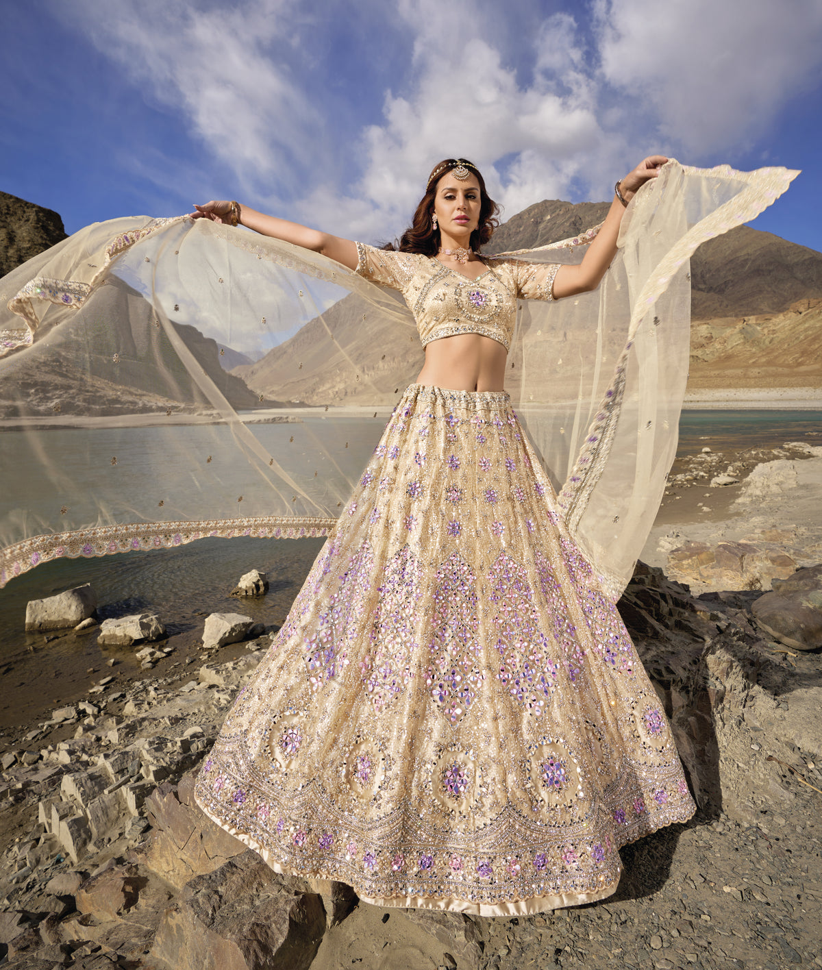 Magnetic Beige Mirror Work Net Designer Lehenga Choli With Dupatta