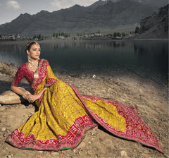 Mustard Pure Gajji Bandhej Satin Silk Saree With Heavy Original, Mirror, Moti & Cut Dana Work