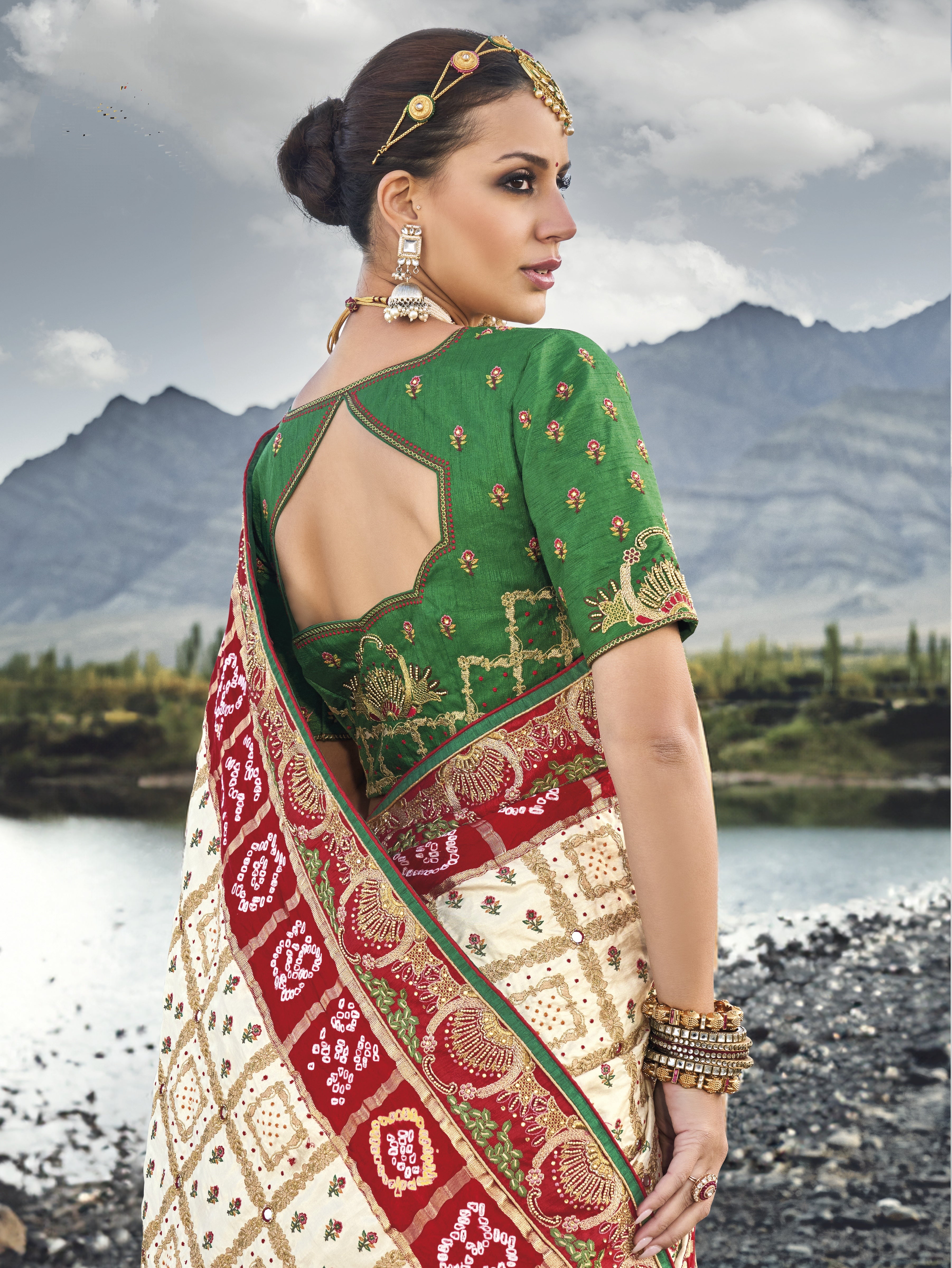 Cream Pure Gajji Bandhej Satin silk saree with heavy Original, Mirror, Moti & Cut Dana work