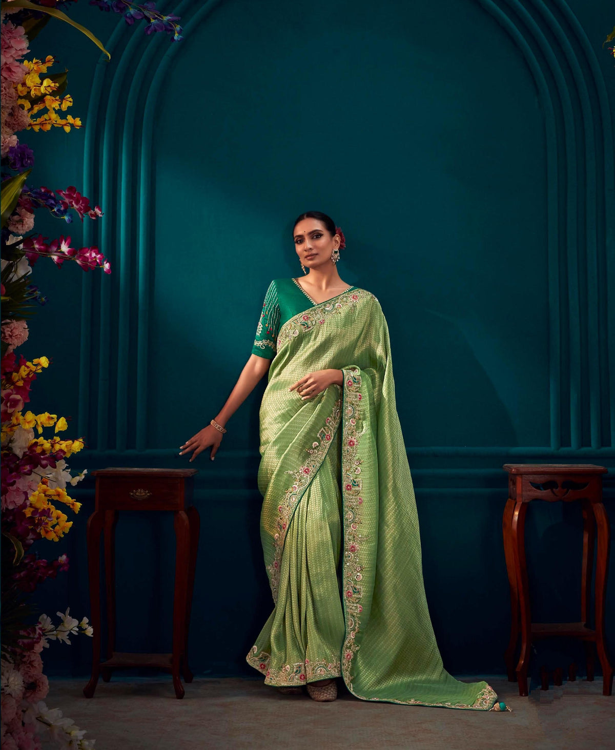 Green Color Pure Banarasi Kanjivaram Fabric Saree With Heavy Work Border Saree