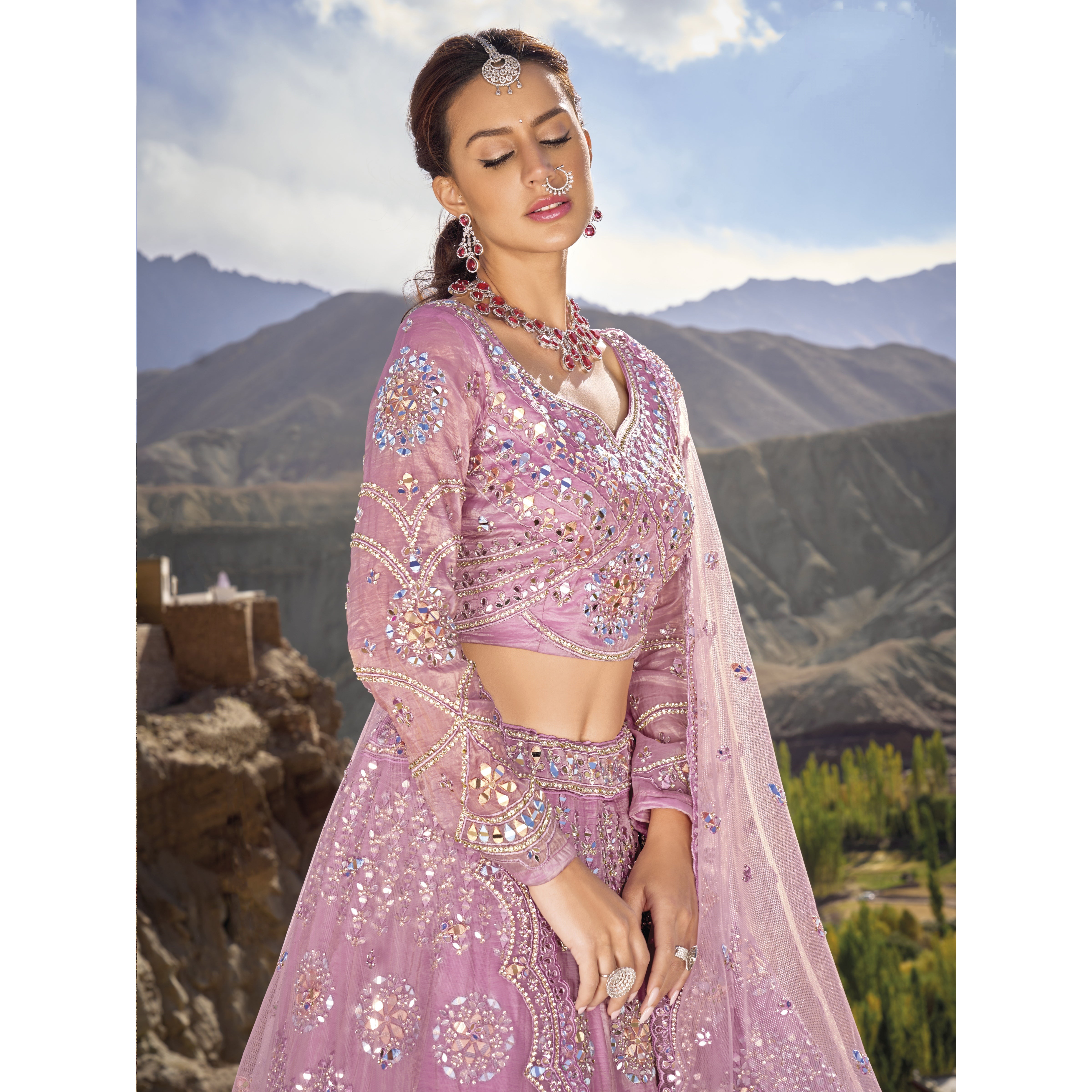 Pretty Light Pink Mirror Work Organza Engagement Wear Lehenga Choli