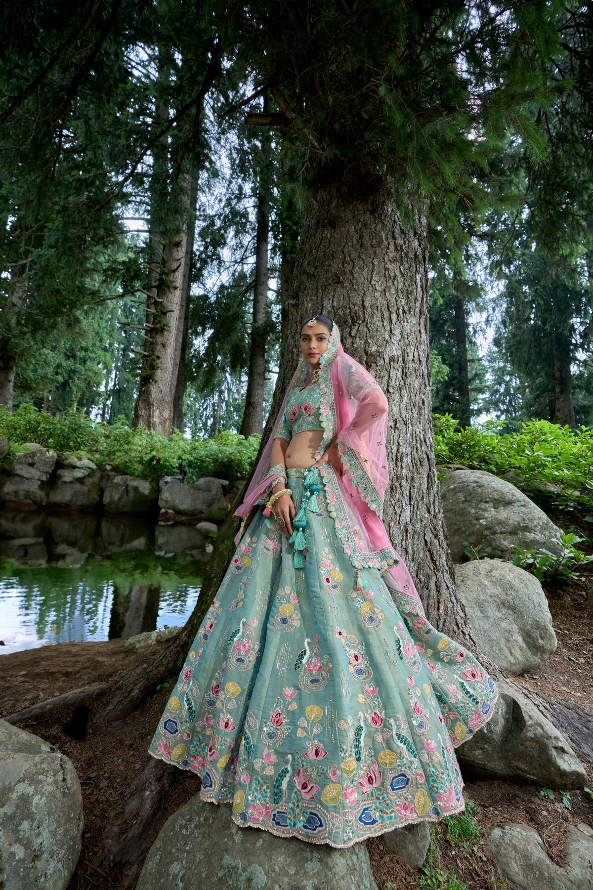 TRADITIONAL GREEN GRANITE PURE JARI TISSUE CIRCULAR LEHENGA SET WITH EMBROIDERY, PATCHWORK, AND HANDWORK