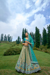 OPULENT GOLD CIRCULAR LEHENGA SET IN PURE KANJIVARAM WITH FIROZI BLOUSE AND DUPATTA