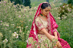 ELEGANT OFF-WHITE CIRCULAR LEHENGA SET IN PURE SATIN WITH OFF-WHITE BLOUSE AND RED PINK BANDHEJ DUPATTA