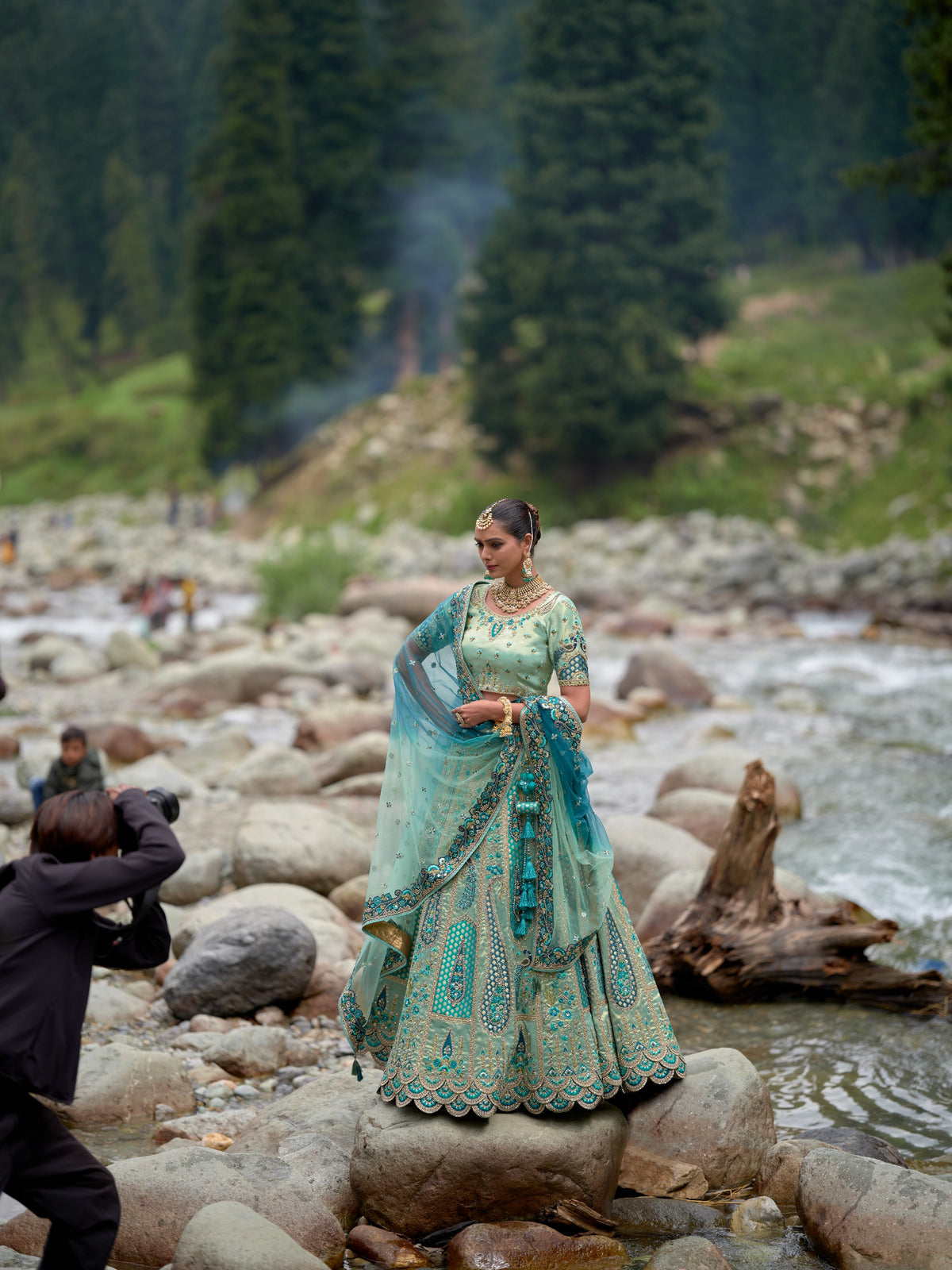 TRADITIONAL PISTA CIRCULAR LEHENGA SET IN PURE KANJIVARAM WITH EMBROIDERY AND HAND WORK