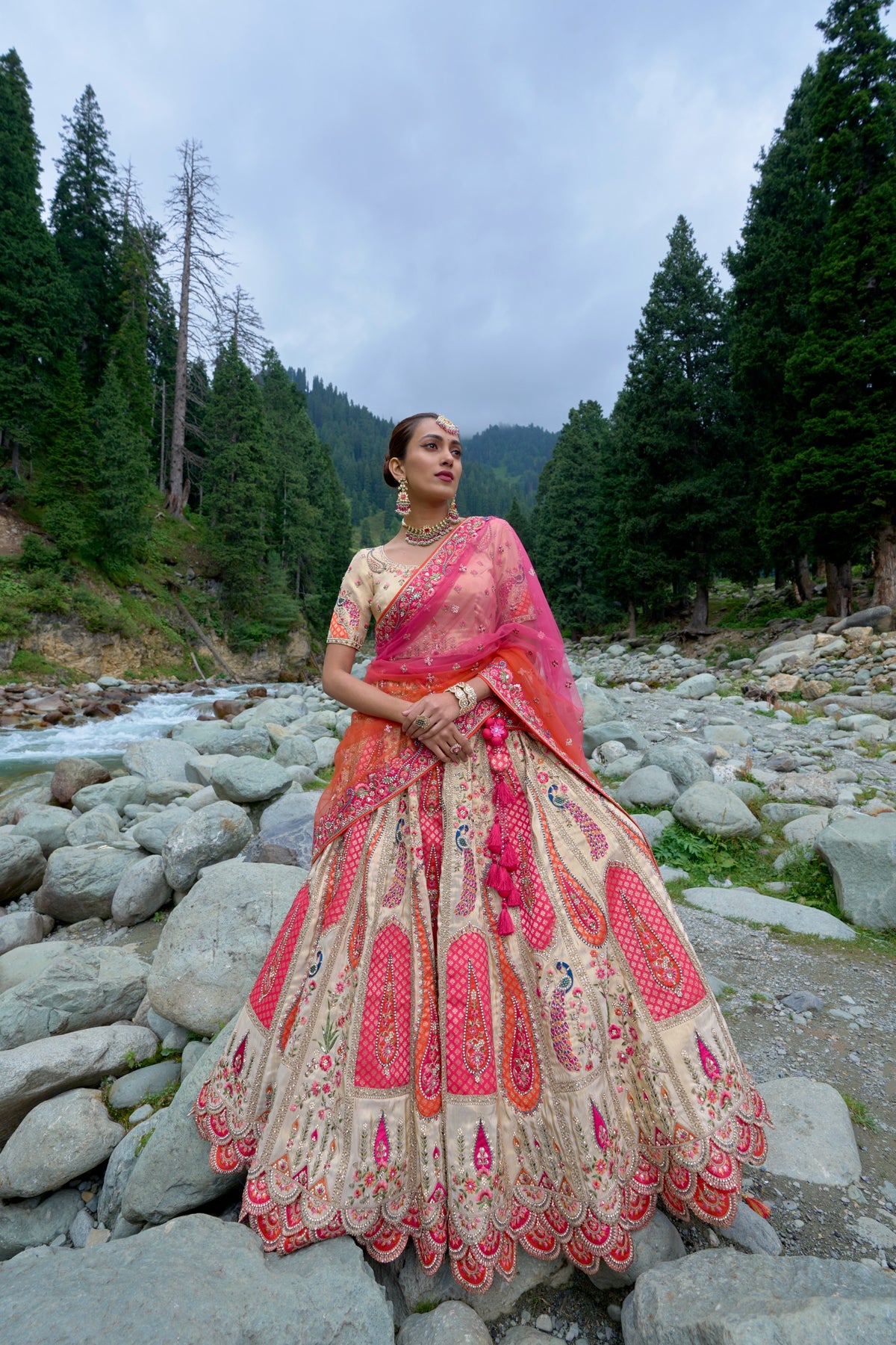 TRADITIONAL OFF-WHITE CIRCULAR LEHENGA SET IN PURE KANJIVARAM WITH EMBROIDERY AND HAND WORK