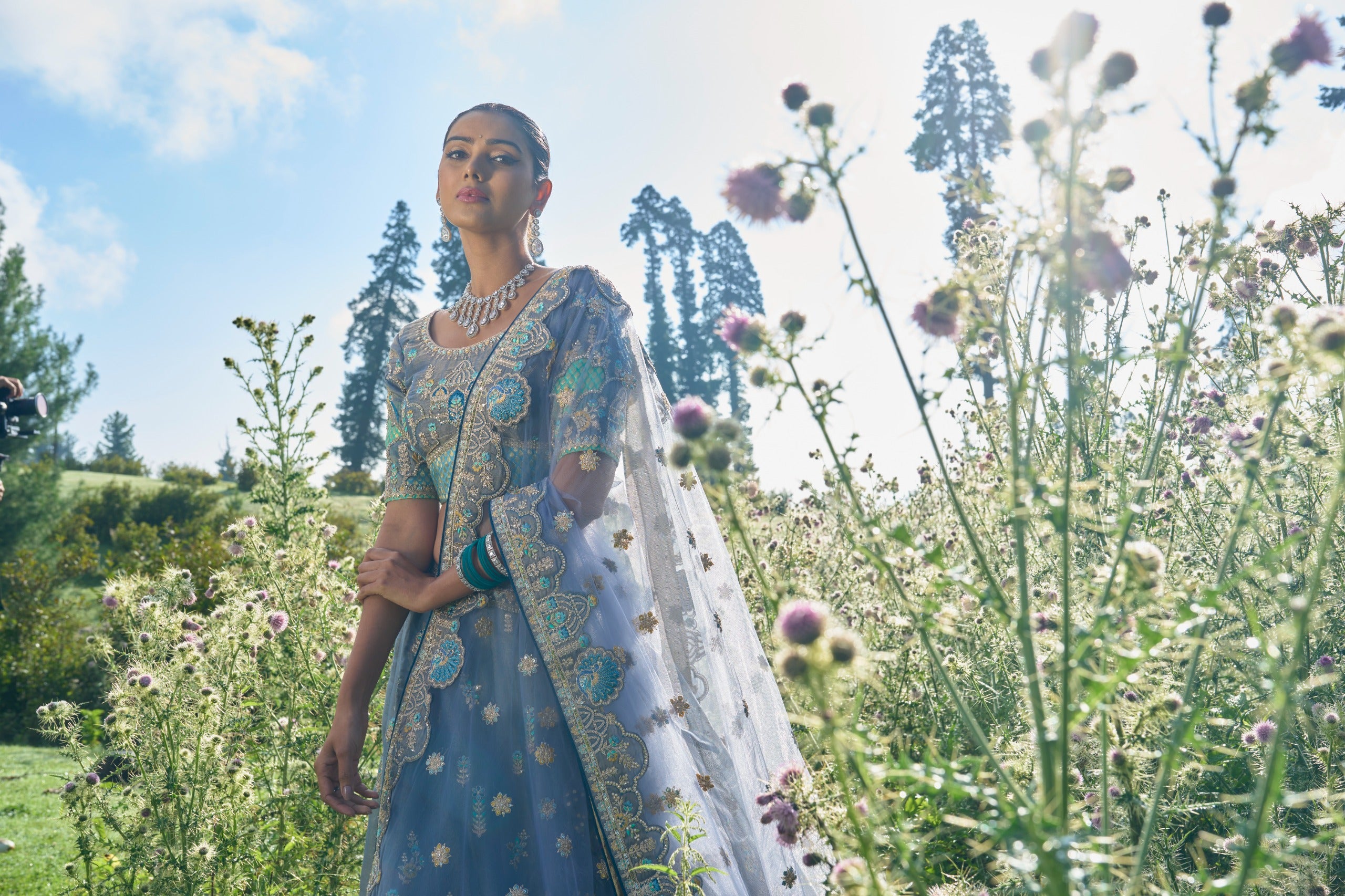 ELEGANT GREY CIRCULAR LEHENGA SET IN TISSUE WITH SILK BLOUSE AND MATCHING DUPATTA