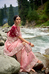 PEACH CRACKLE CRUSH SAREE WITH MAROON SILK BLOUSE - TRADITIONAL ELEGANCE WITH HANDCRAFTED