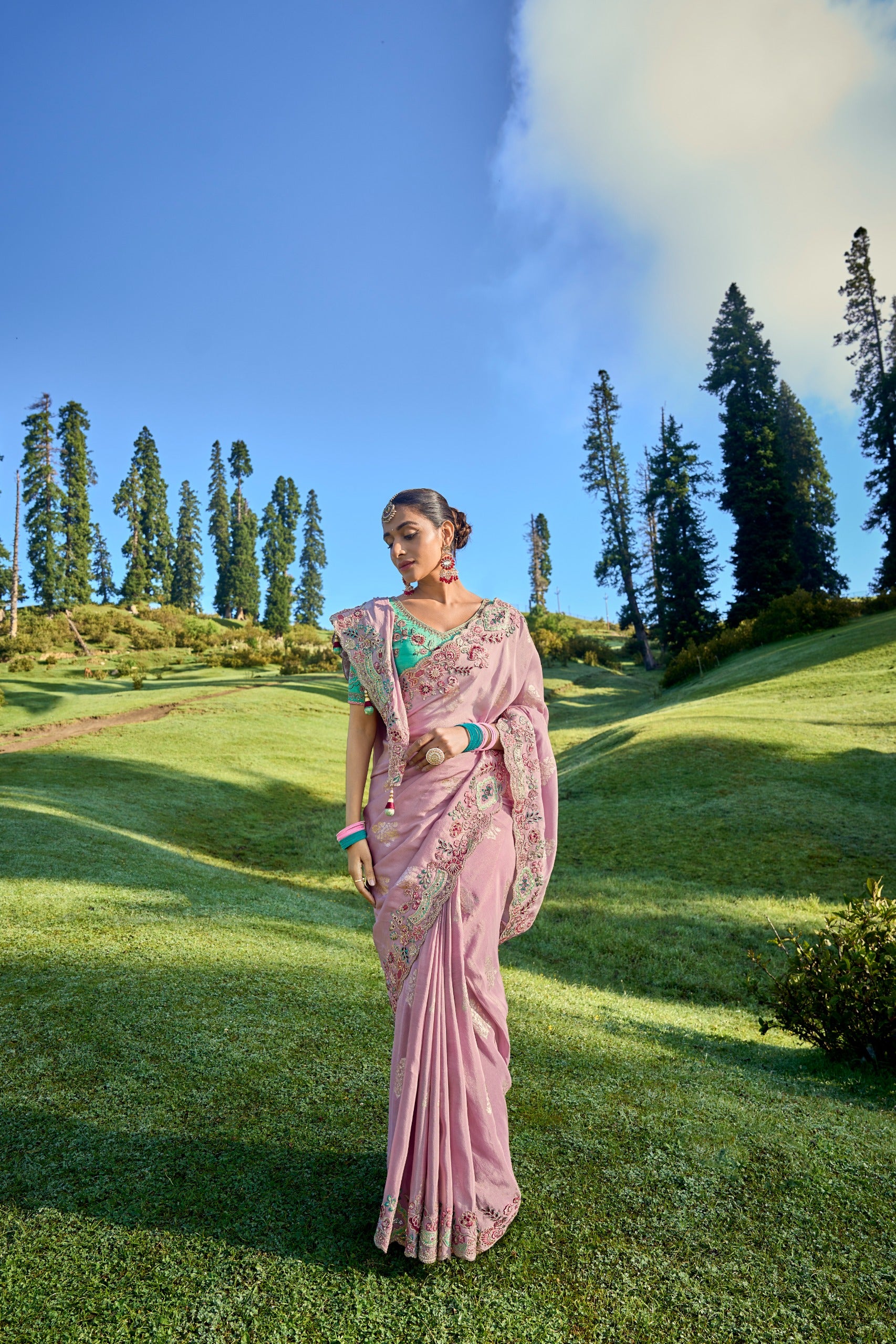 BABY PINK GADWAL VISCOSE EMBROIDERED C-PALLU SAREE WITH AQUAMARINE GREEN SILK BLOUSE