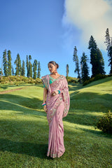 BABY PINK GADWAL VISCOSE EMBROIDERED C-PALLU SAREE WITH AQUAMARINE GREEN SILK BLOUSE