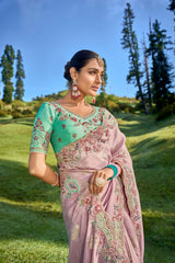 BABY PINK GADWAL VISCOSE EMBROIDERED C-PALLU SAREE WITH AQUAMARINE GREEN SILK BLOUSE