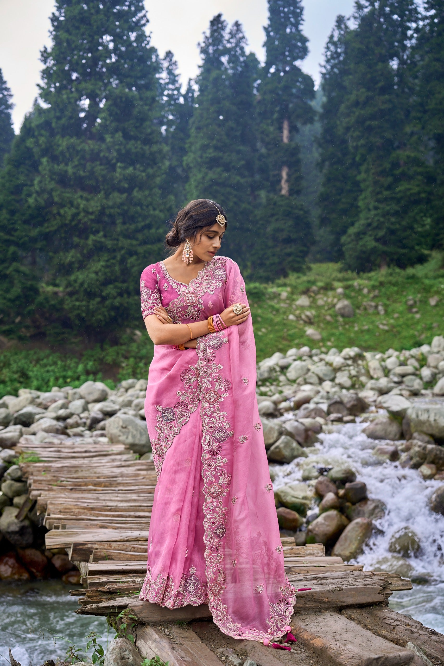 PINK ORGANZA GORGEOUS C-PALLU FESTIVAL EMBROIDERED SAREE WITH MATCHING SILK BLOUSE