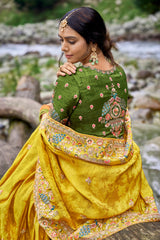 MUSTARD SELF GADWAL VISCOSE EMBROIDERED HANDWORK C-PALLU SAREE WITH MEHNDI SILK BLOUSE