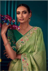 Green Color Pure Banarasi Kanjivaram Fabric Saree With Heavy Work Border Saree