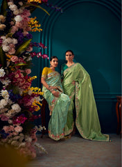 Green Color Pure Banarasi Kanjivaram Fabric Saree With Heavy Work Border Saree